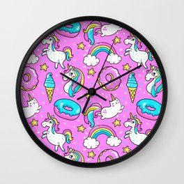 Kawaii Sweet Pink Glittery unicorn pattern Wall Clock | Digital, Comic, Graphicdesign, Unicorncat, Glittersparkles, Pattern, Rainbowunicorn, Kawaiiunicorn, Cutepinkpattern, Sprinklesdonuts 