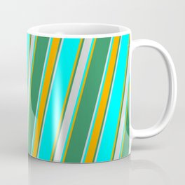 [ Thumbnail: Cyan, Orange, Sea Green, and Light Grey Colored Lined Pattern Coffee Mug ]