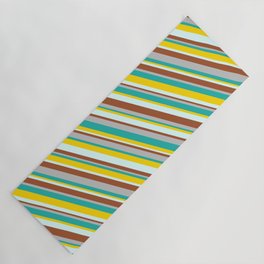 [ Thumbnail: Colorful Grey, Light Sea Green, Yellow, Light Cyan & Sienna Colored Pattern of Stripes Yoga Mat ]