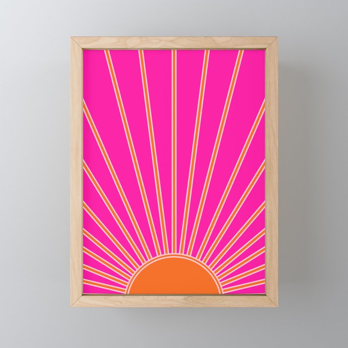 Sun Print Sunrise Hot Pink And Orange Sunshine Retro Sun Wall Art Vintage Boho Abstract Modern Decor Framed Mini Art Print