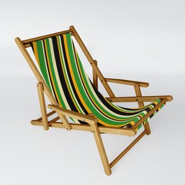 [ Thumbnail: Orange, Forest Green, Pale Goldenrod, and Black Colored Lined/Striped Pattern Sling Chair ]