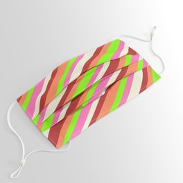 [ Thumbnail: Chartreuse, Hot Pink, Beige, Red & Coral Colored Pattern of Stripes Face Mask ]