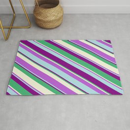 [ Thumbnail: Eye-catching Orchid, Powder Blue, Purple, Sea Green & Beige Colored Stripes/Lines Pattern Rug ]