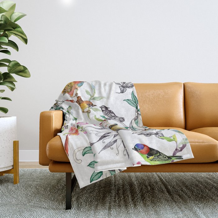 Watercolor hand drawn seamless pattern with tropical summer flowers and exotic birds on white background Throw Blanket