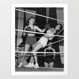 Oh, no she didn't! female boxer knocking out other female boxer vintage sports black and white photograph - photography - photographs Art Print