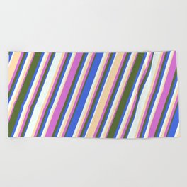 [ Thumbnail: Orchid, Dark Olive Green, Royal Blue, Mint Cream, and Tan Colored Stripes Pattern Beach Towel ]