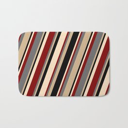 [ Thumbnail: Dim Grey, Tan, Black, Bisque & Maroon Colored Pattern of Stripes Bath Mat ]