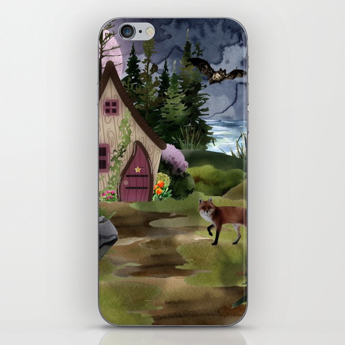 Dark Cottage: A full moon with bats and fox iPhone Skin