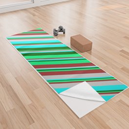 [ Thumbnail: Colorful Brown, Light Grey, Cyan, Dark Green, and Green Colored Stripes Pattern Yoga Towel ]