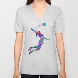Volleyball Girl Colorful Blue Purple Watercolor Artwork V Neck T Shirt