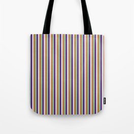 [ Thumbnail: Dark Sea Green, Indigo, Light Grey & Chocolate Colored Pattern of Stripes Tote Bag ]