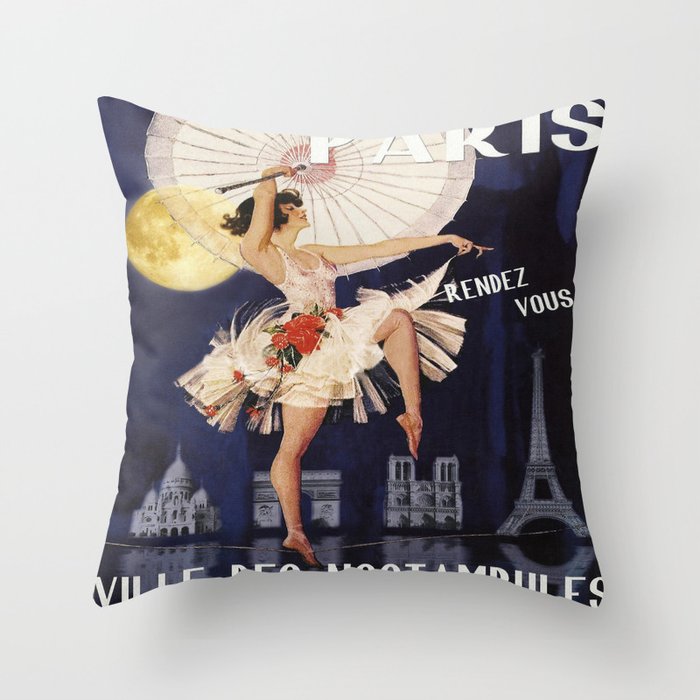 Paris at Night, Girl with Parasol Vintage Travel Poster Throw Pillow