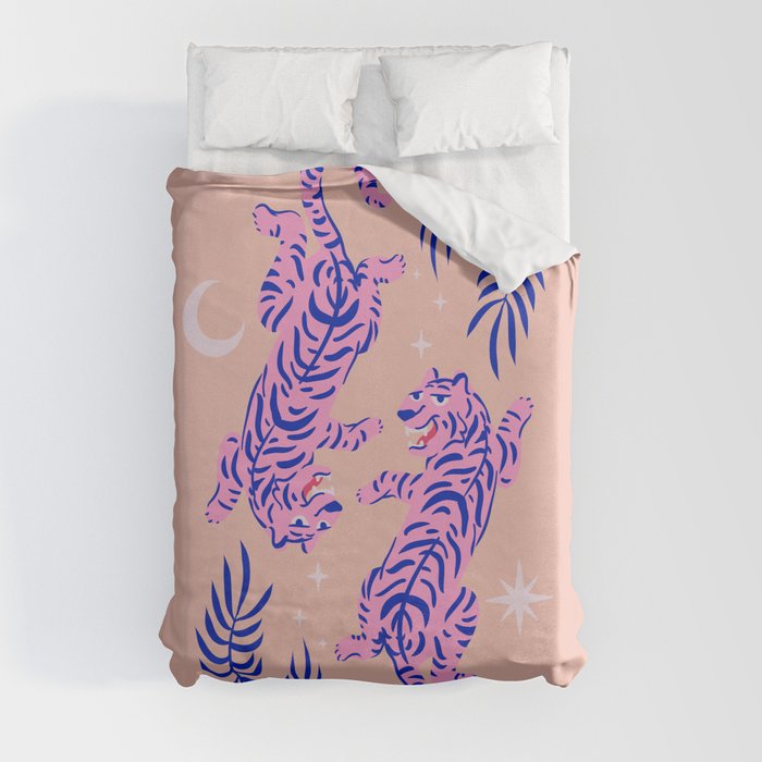 Pink Twin Tigers | Moon Star - Pink Tiger | Christmas Eve 2021, 2022 Year of Tiger Pattern Duvet Cover