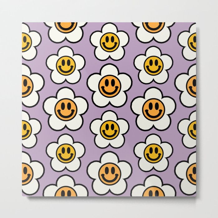 Bold And Funky Flower Smileys Pattern (Muted Lavender BG) Metal Print