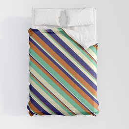 [ Thumbnail: Midnight Blue, Chocolate, Aquamarine & Light Yellow Colored Pattern of Stripes Comforter ]