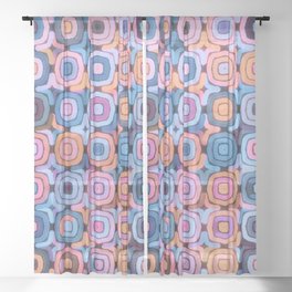 Colorful Retro Geometric Squares Sepia Blue Pink Peach Sheer Curtain