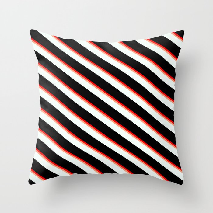 Red, Light Salmon, Mint Cream, and Black Colored Pattern of Stripes Throw Pillow