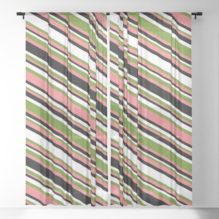 Green, Light Coral, Black & White Colored Lined/Striped Pattern Sheer Curtain