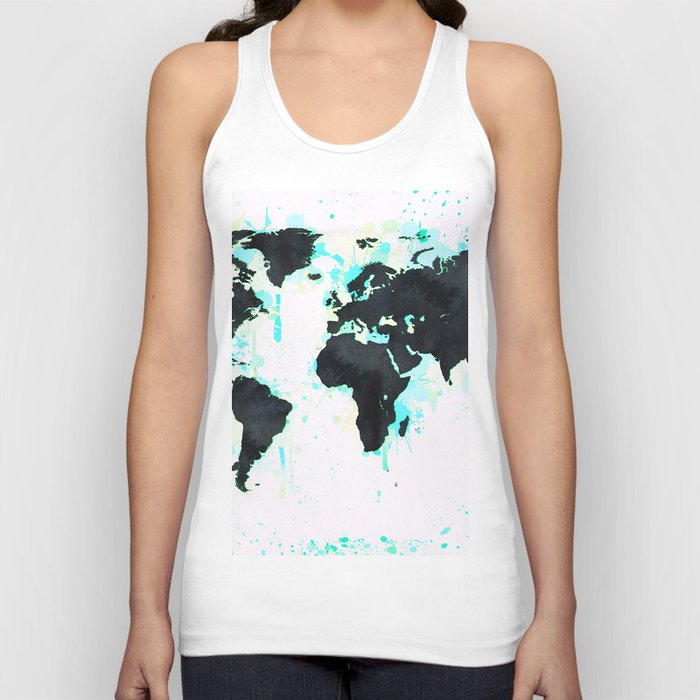 World Map Turquoise Paint and Black Ink Tank Top