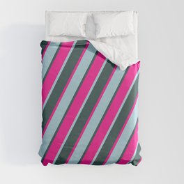 [ Thumbnail: Deep Pink, Light Blue & Dark Slate Gray Colored Lines Pattern Duvet Cover ]