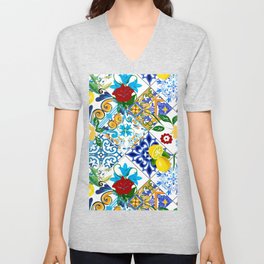 Tiles,mosaic,azulejo,quilt,Portuguese,majolica,lemons,citrus. V Neck T Shirt