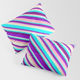 [ Thumbnail: Dark Violet, Light Pink, Beige, Cyan, and Purple Colored Lines Pattern Pillow Sham ]