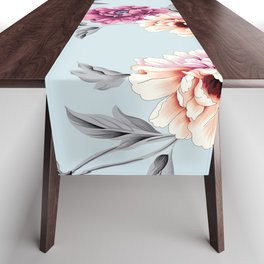violet and yellow flowers with leaves pattern on blue background Table Runner