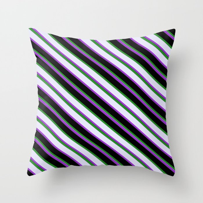 Forest Green, Lavender, Dark Orchid, and Black Colored Striped Pattern Throw Pillow
