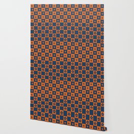 Abstract Floral Checker Pattern 5 in Navy Blue and Orange Wallpaper