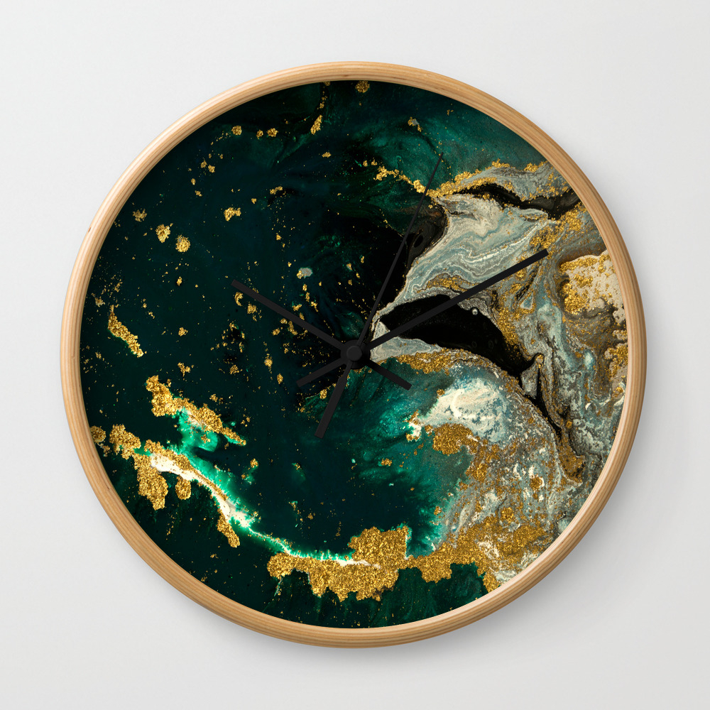 Abstract Pour Painting Liquid Marble Abstract Dark Green Painting Gold Accent Agate Stone Layers Wall Clock By Enshape Society6