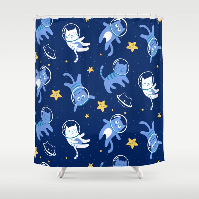 Super Cute Outer Space Astronaut Cats Vintage Pattern Shower Curtain