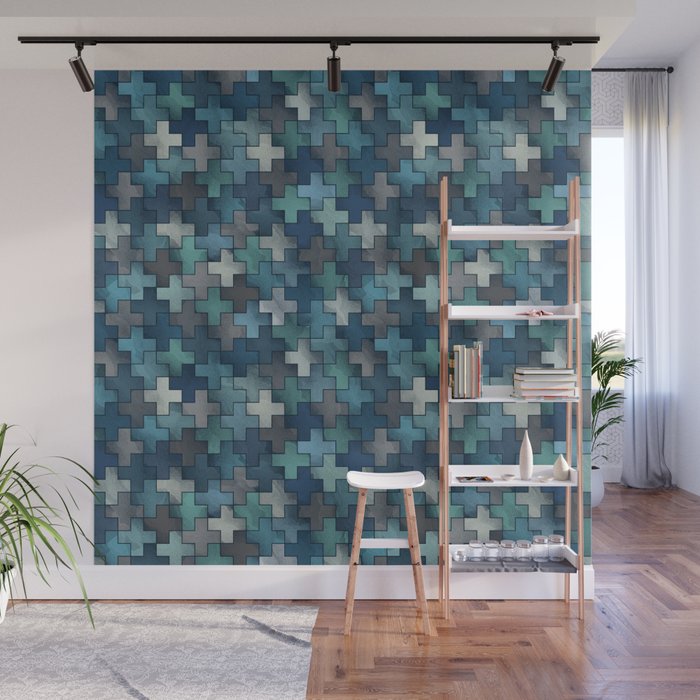 Watercolor Cross Tiles In Navy Blue And Turquoise Wall Mural By Imali