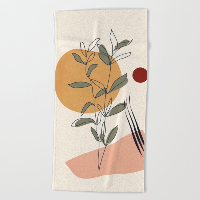 Minimal Line Young Leaves Beach Towel