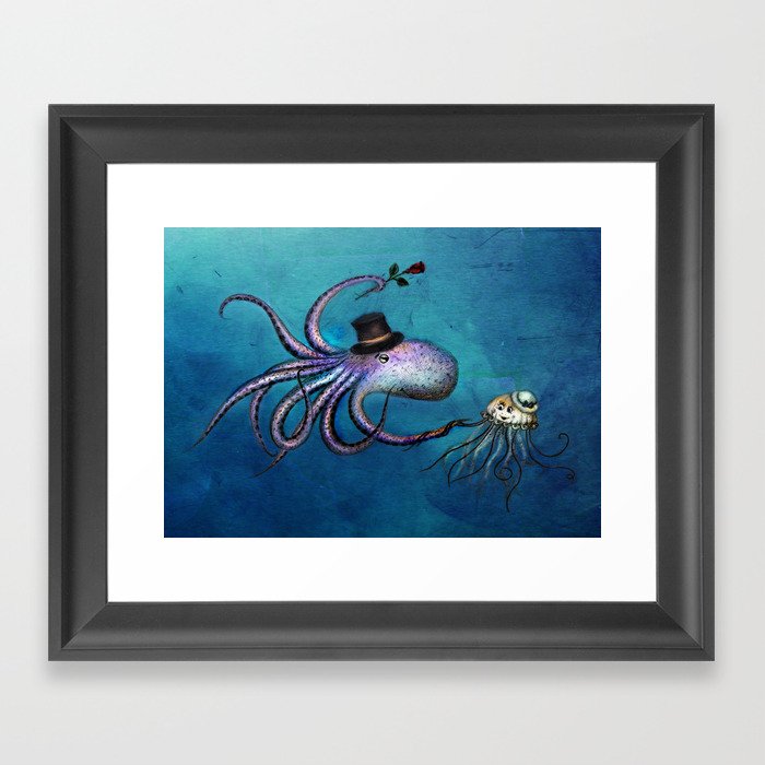 Underwater Love // octopus jellyfish Framed Art Print