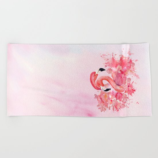 Tropical birds- Flamingo in LOVE with exotic flowers on #Society6 Beach Towel
