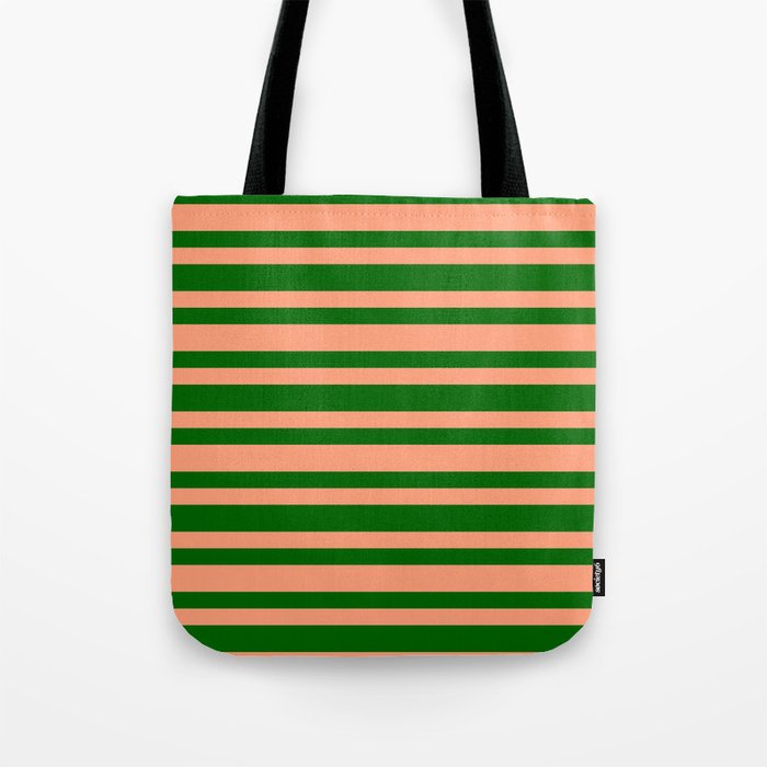 Dark Green & Light Salmon Colored Striped/Lined Pattern Tote Bag