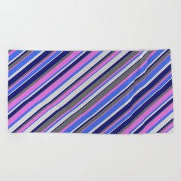 [ Thumbnail: Orchid, Royal Blue, Light Gray, Midnight Blue & Dim Gray Colored Lined Pattern Beach Towel ]