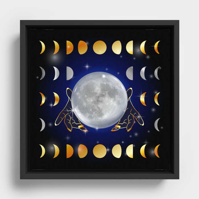 Moon phases magic womans hands on third eye reading crystal ball Framed Canvas