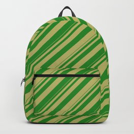 [ Thumbnail: Forest Green & Dark Khaki Colored Lines/Stripes Pattern Backpack ]