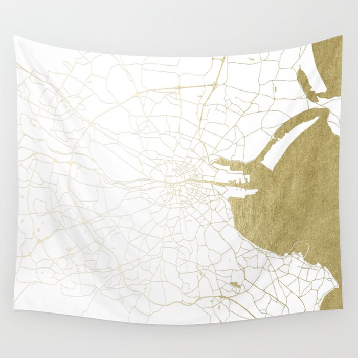 White on Gold Dublin Street Map Wall Tapestry