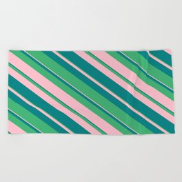 [ Thumbnail: Sea Green, Pink, and Teal Colored Stripes/Lines Pattern Beach Towel ]