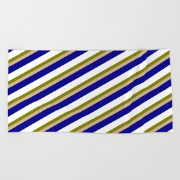 [ Thumbnail: Green, Tan, Dark Blue, and White Colored Stripes/Lines Pattern Beach Towel ]