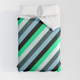 [ Thumbnail: Vibrant Green, Light Cyan, Dark Slate Gray, Sky Blue & Black Colored Pattern of Stripes Comforter ]