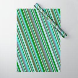 [ Thumbnail: Turquoise, Slate Gray, Dark Olive Green, Light Blue, and Green Colored Striped/Lined Pattern Wrapping Paper ]