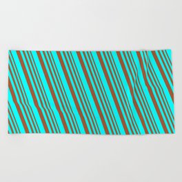 [ Thumbnail: Sienna and Cyan Colored Lined/Striped Pattern Beach Towel ]