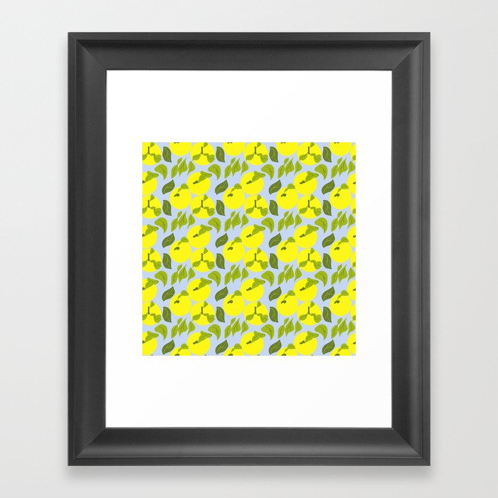 Retro Modern Lemon Yellow Yuzu Tropical Citrus Fruit On Sky Blue Modern Repeat Botanical Pattern Framed Art Print