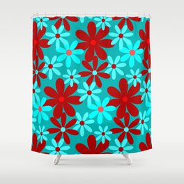 Red & Blue Retro Flowers Shower Curtain