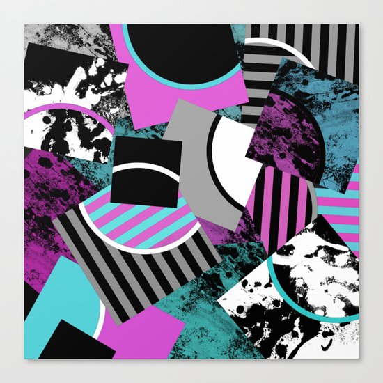 Cluttered Sqaures - Abstract, geometric, stripes, pink, cyan, blue, textured, black, white, arcs Canvas Print