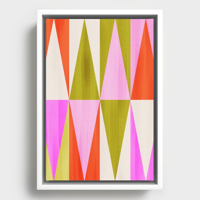 Mid Mod Diamond Pattern 1. textured Pink Green  Framed Canvas