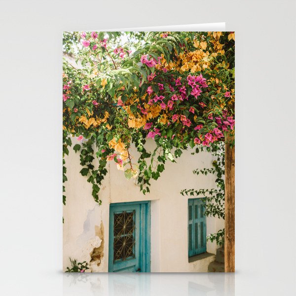 Flower Crown over Greek Town Street | Colorful Travel Photography in the Streets of Naxos, Greece Stationery Cards